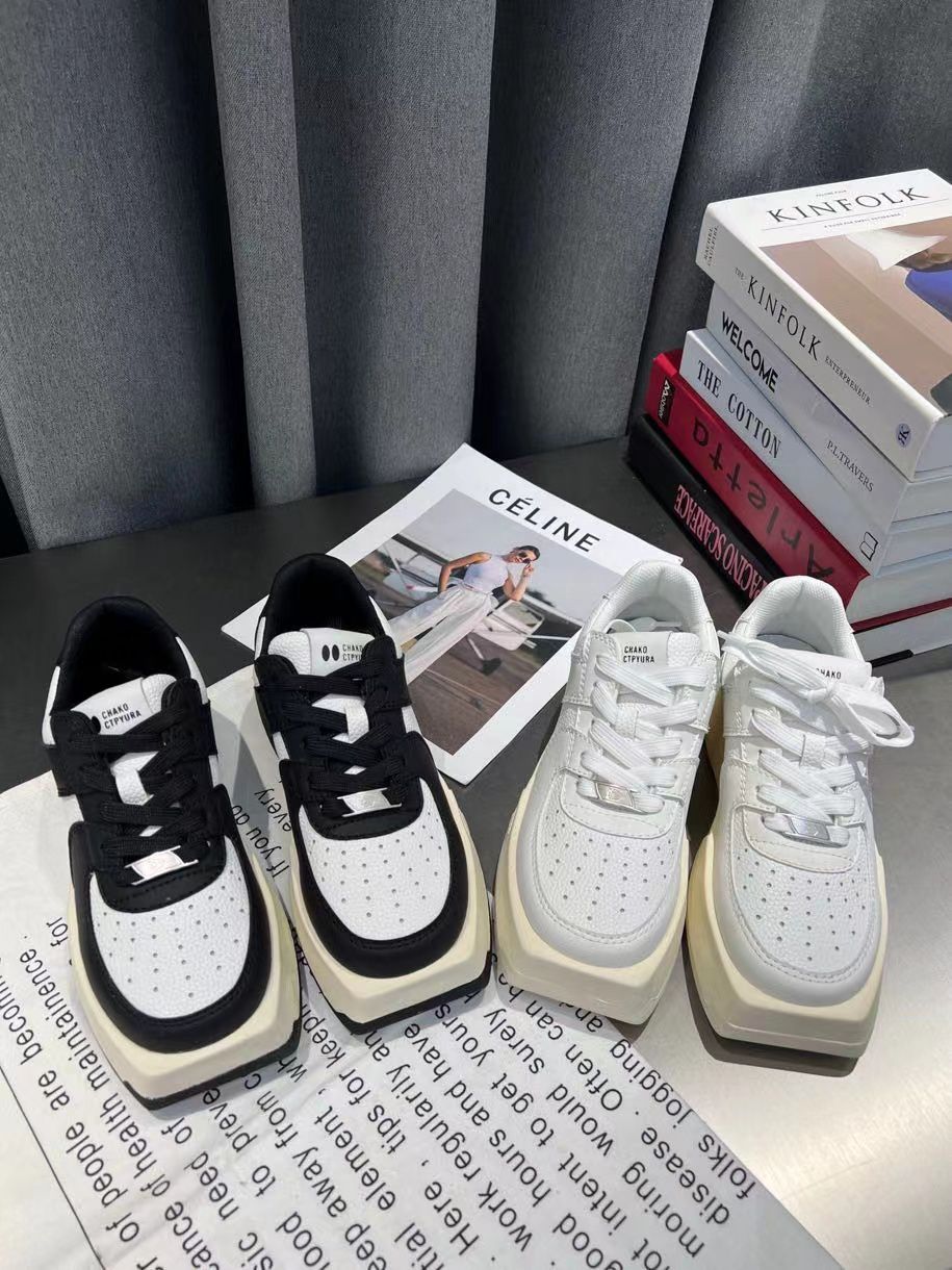 2023 Square Toe Genuine Leather Low Top Black White Panda Chunky Skate Shoes