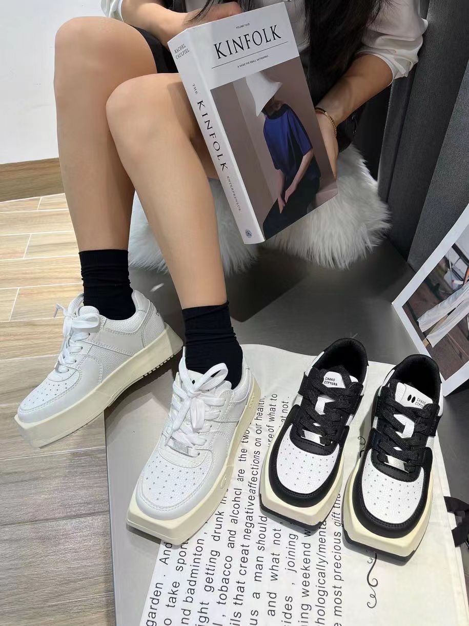 2023 Square Toe Genuine Leather Low Top Black White Panda Chunky Skate Shoes - Image 3