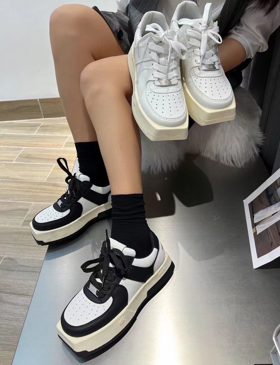 2023 Square Toe Genuine Leather Low Top Black White Panda Chunky Skate Shoes - Image 4