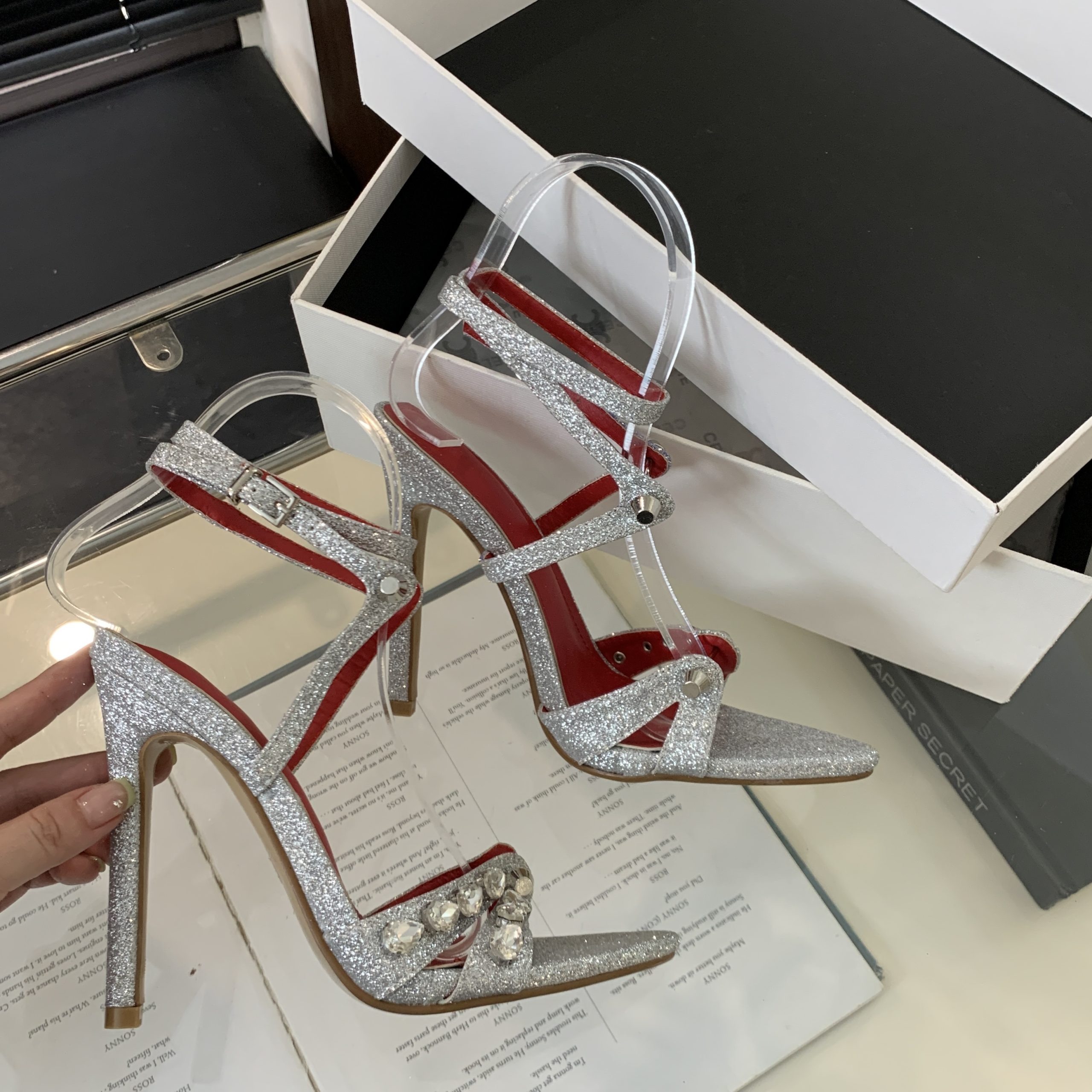 2024 New Pointed Toe Rhinestone Decorated High Heel Women's Sandals Sparkly Sandals 35-42