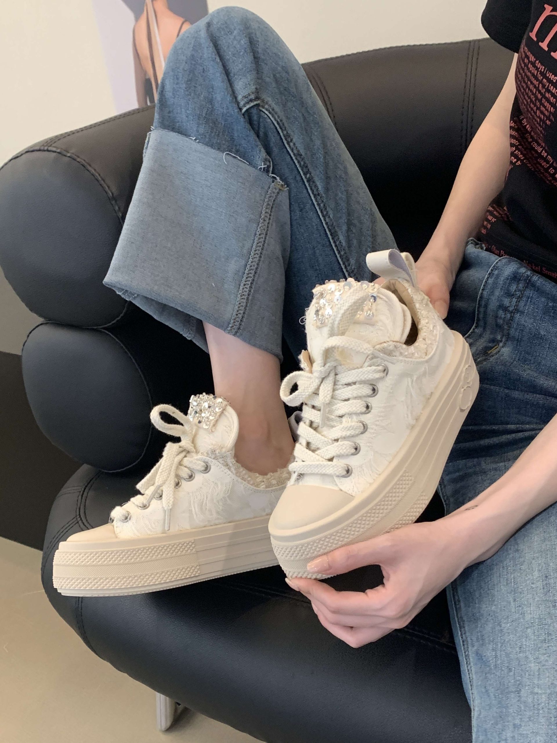 Cloud Walking Chunky Sole Platform White Canvas Shoes Women 2023 Spring New Style Casual Skate Shoes
