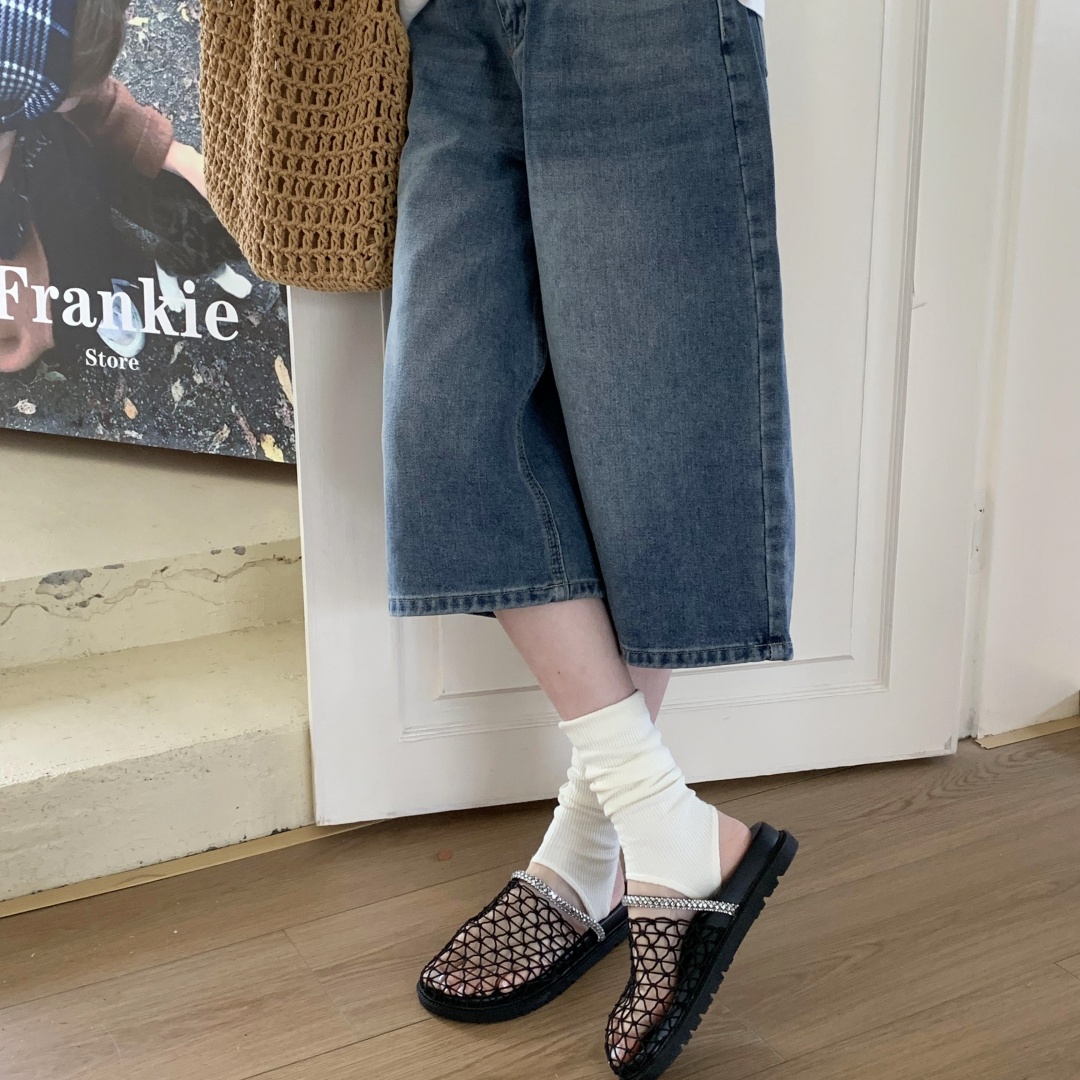 Fairy Style Chunky Sole Slippers for Women 2025 Summer Closed Toe Mesh Rhinestone Soft Flat Beach Half Slippers