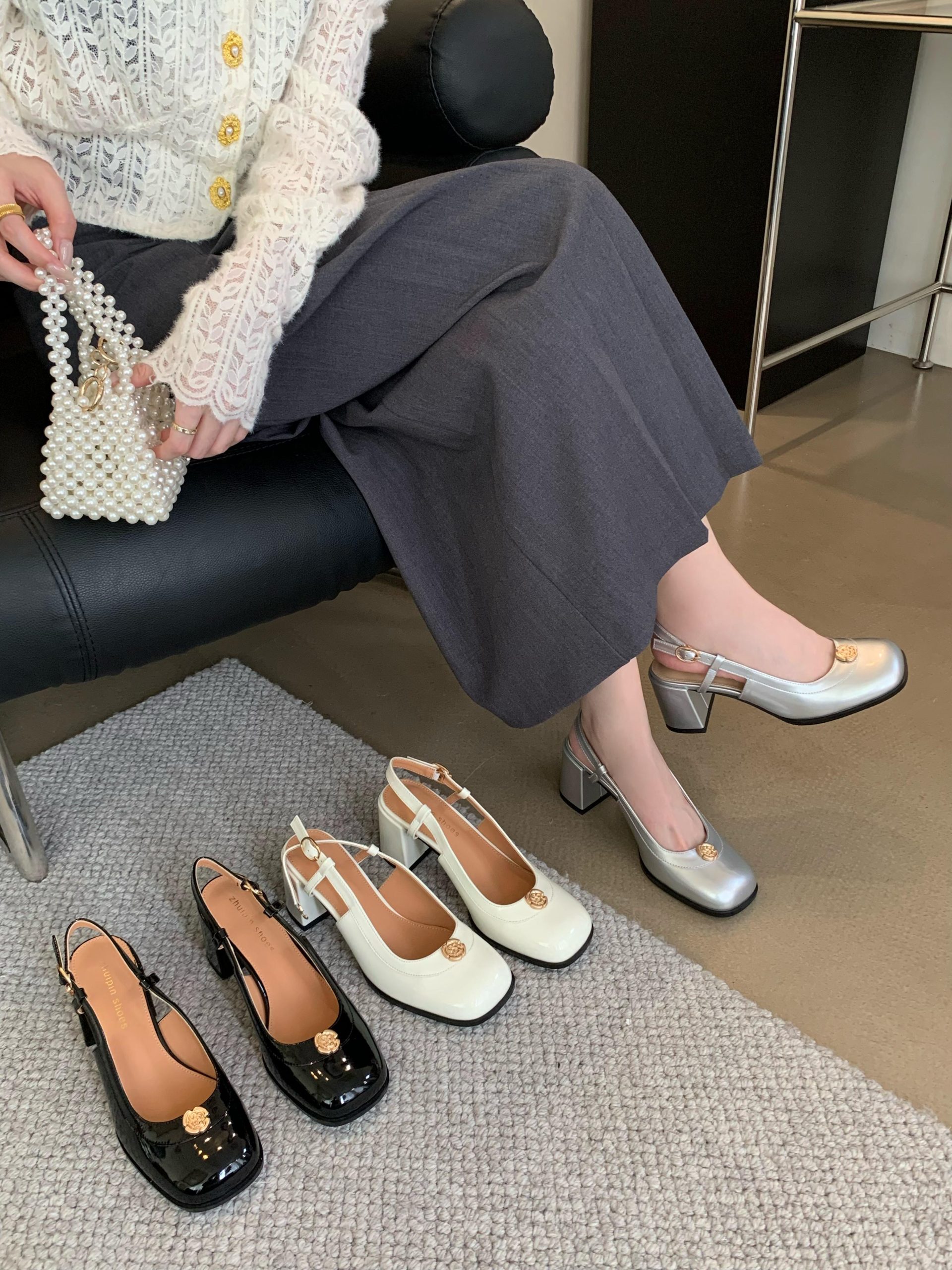French Square Toe Mary Jane Shoes Women's New Chunky Heel Single Shoes One-Strap High Heel Backless Open Toe Sandals Women 23