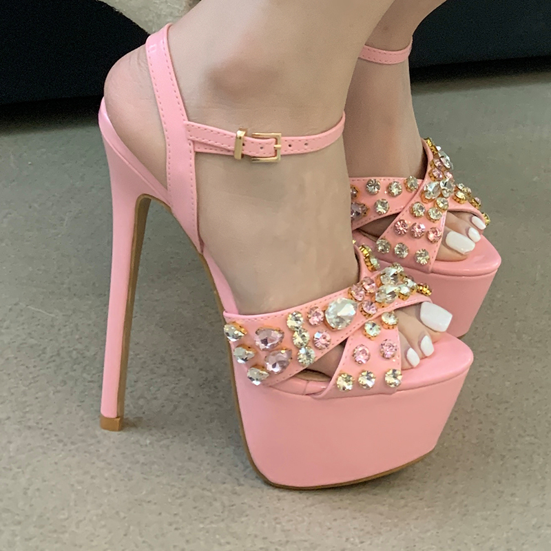 Heavy Craftsmanship Celebrity Style 2024 New 4 Colors Rhinestone Platform 16CM High Heel Sandals