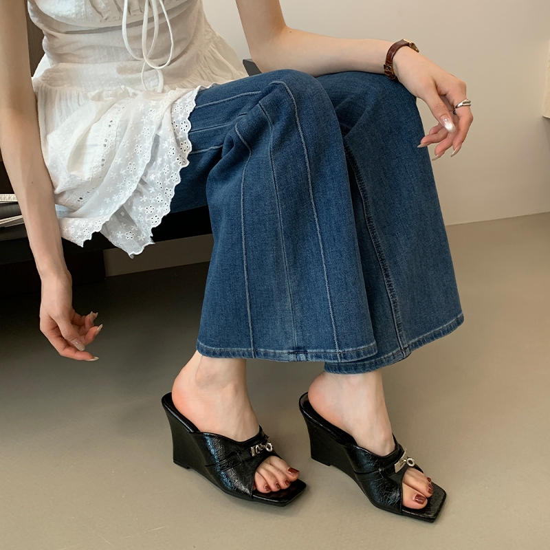 IN YOU Women's Rivet Black Leather Platform Slippers French Wedge Thick Sole Square Toe 2026 New