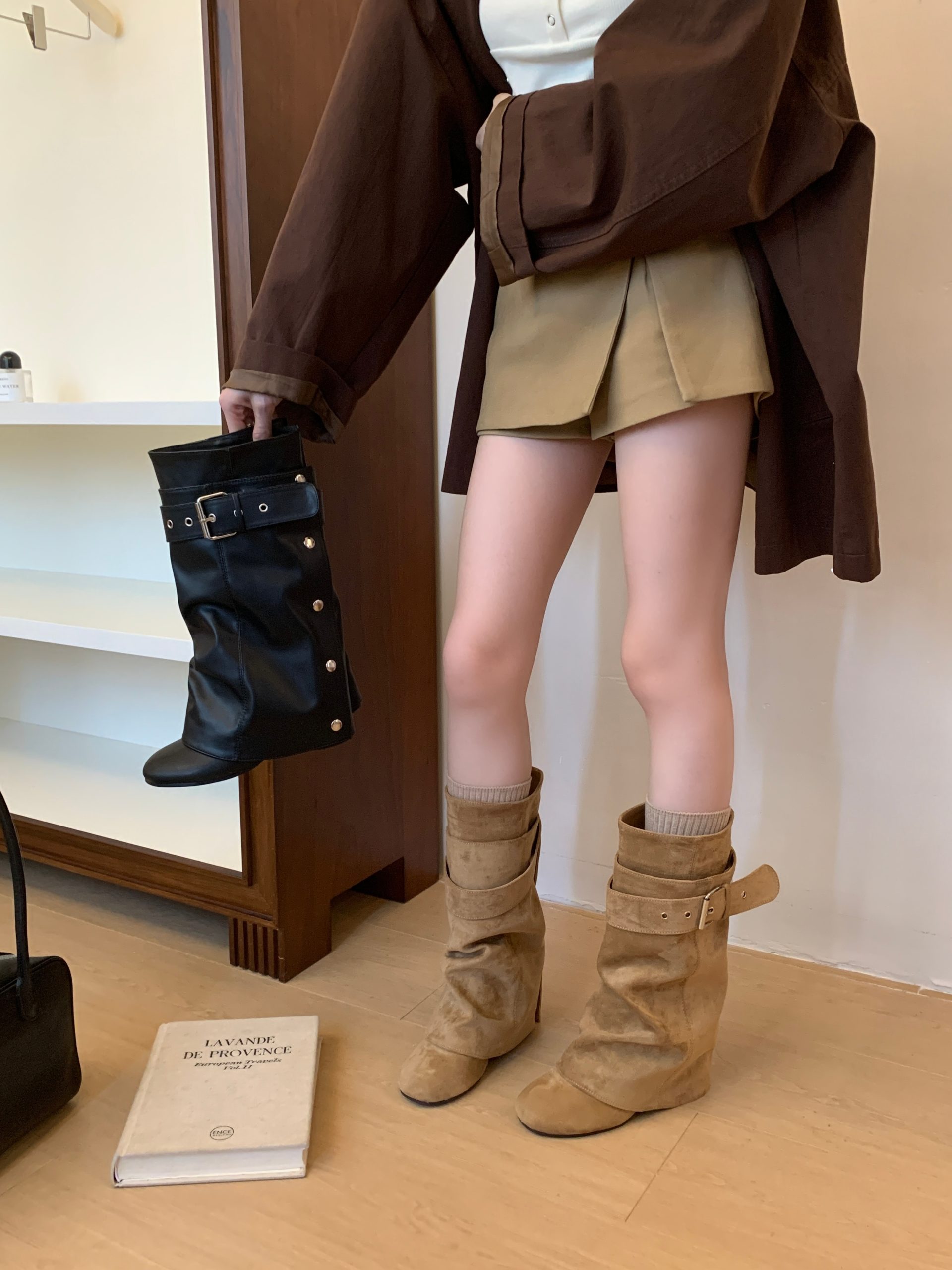 Moody Stacked Heel Boots Short Shaft Pleated 2026 SS Korean Minimalist Design Trouser Boots for Women