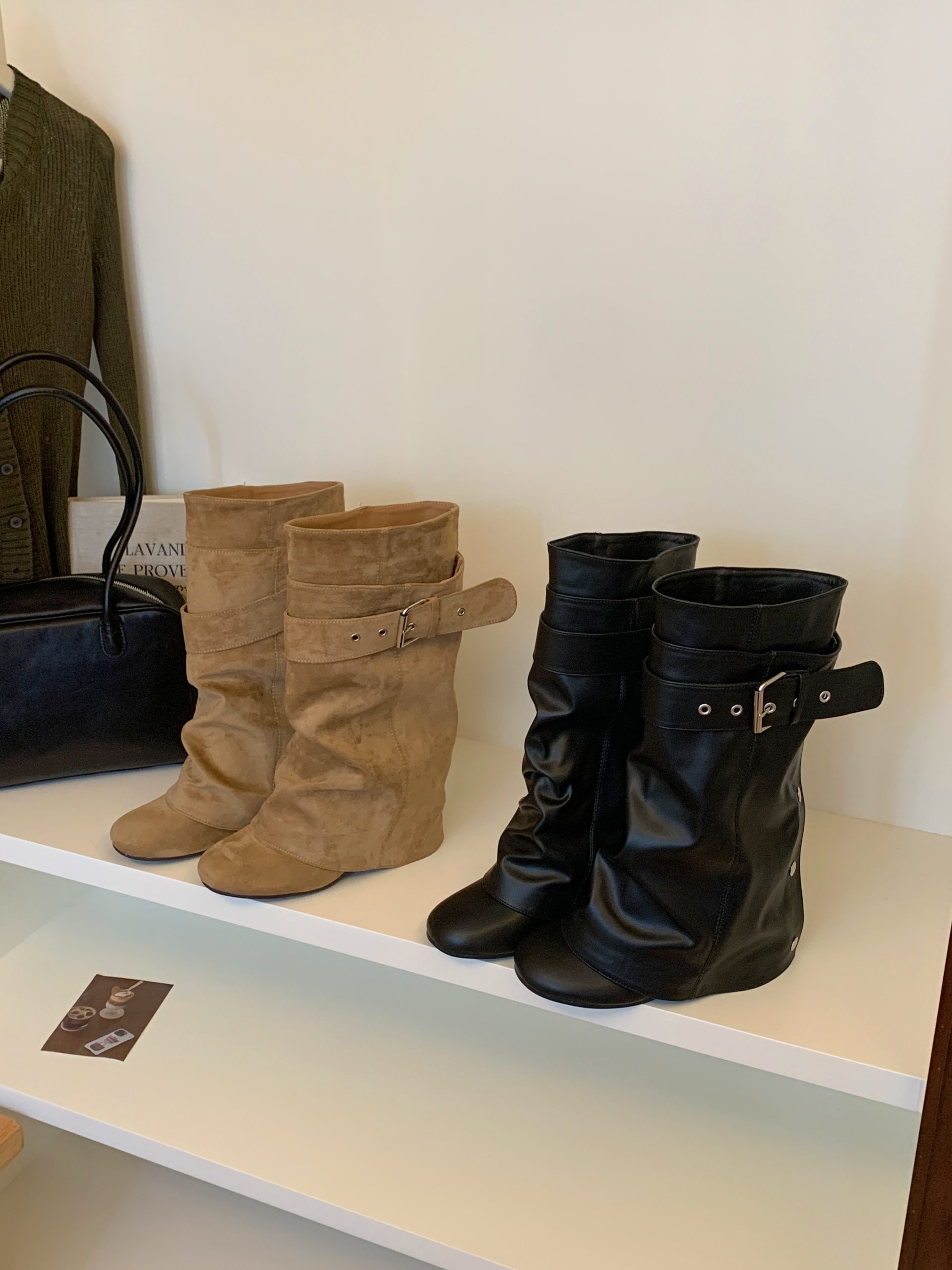 Moody Stacked Heel Boots Short Shaft Pleated 2026 SS Korean Minimalist Design Trouser Boots for Women - Image 4