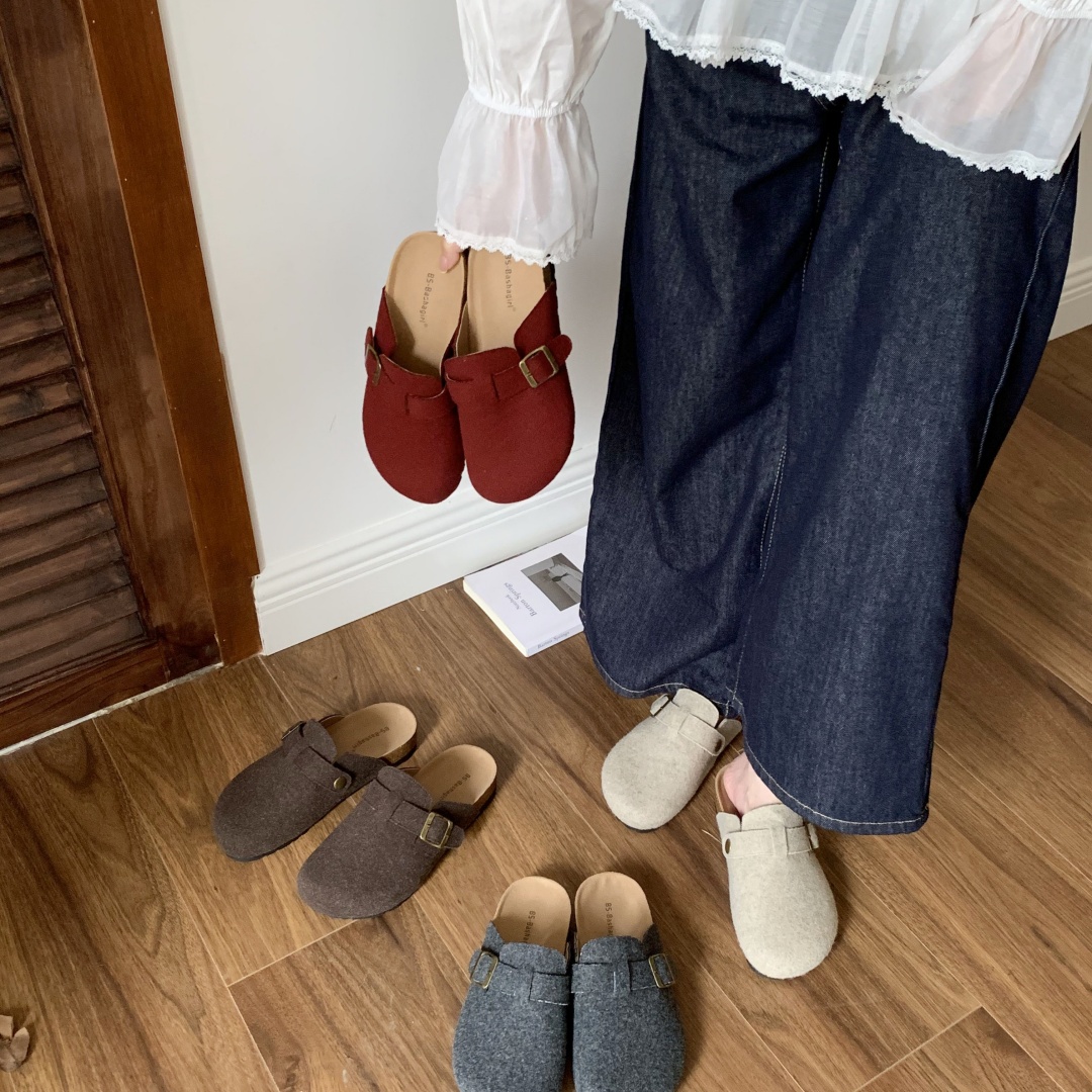 Retro Forest Wool Mule Slippers for Women - Non-Slip Low Heel Mary Jane Clogs 2025 Autumn Winter