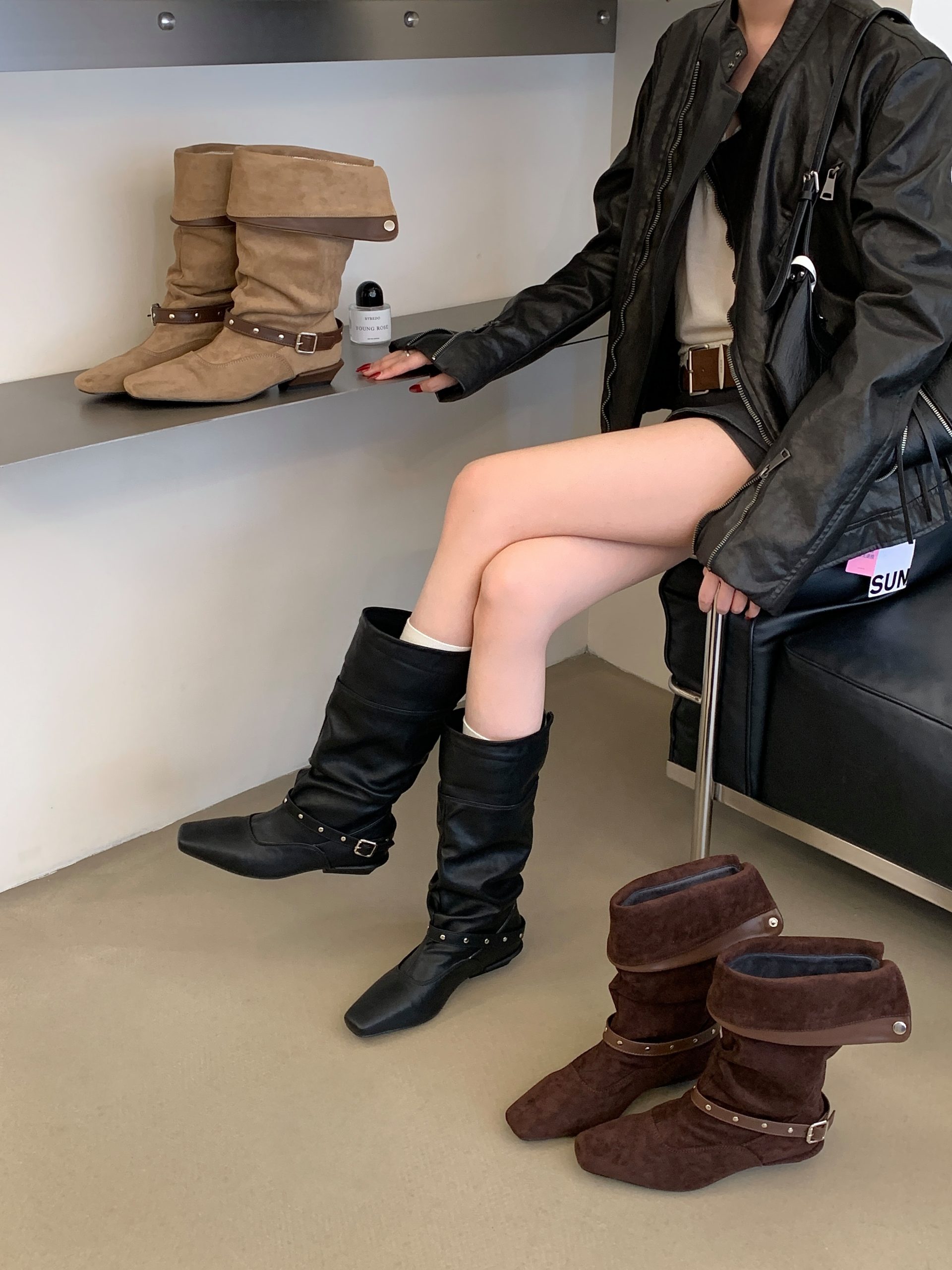 Vintage Chunky Heel Slim Boots 2026 Autumn Winter New Style High Top Suede Two-Way Stacked Women