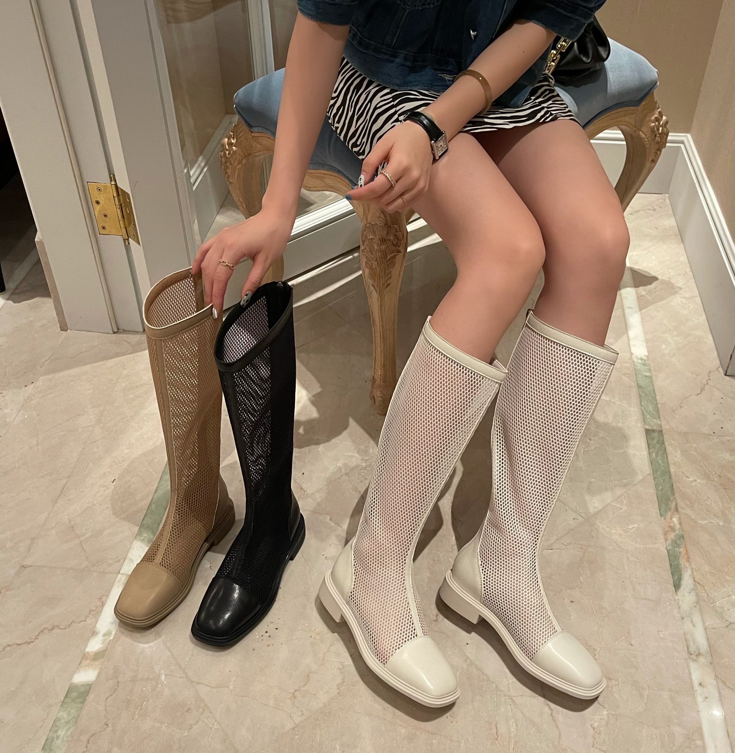 Women's Summer Mesh Boots Low Heel Hollow Out Long Boots Breathable High Tube Boots Plus Size
